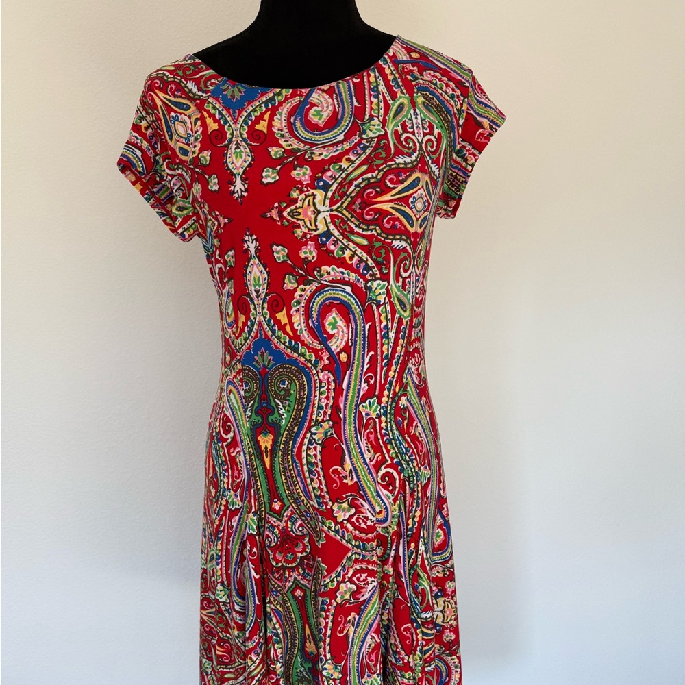 Ralph Lauren Dress Women's Medium Red Multicolor Boho Paisley Abstract Pullover